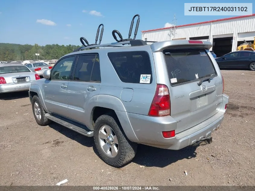 2004 Toyota 4Runner Limited V8 VIN: JTEBT17R240031102 Lot: 40528026