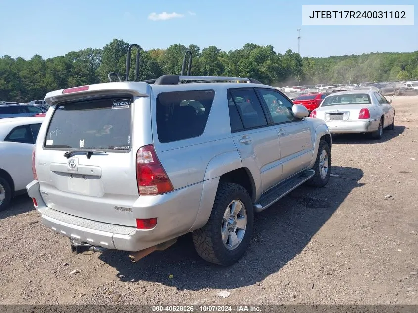 2004 Toyota 4Runner Limited V8 VIN: JTEBT17R240031102 Lot: 40528026