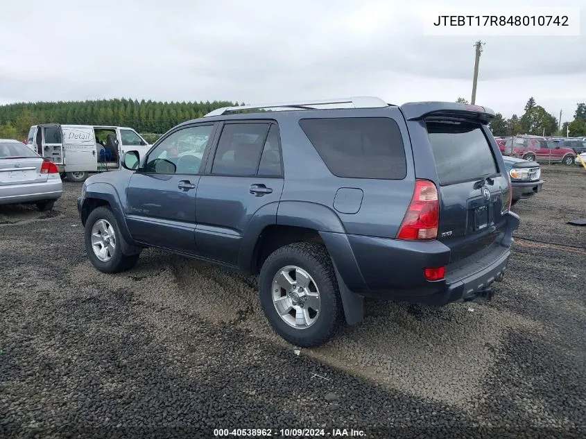 2004 Toyota 4Runner Limited V8 VIN: JTEBT17R848010742 Lot: 40538962