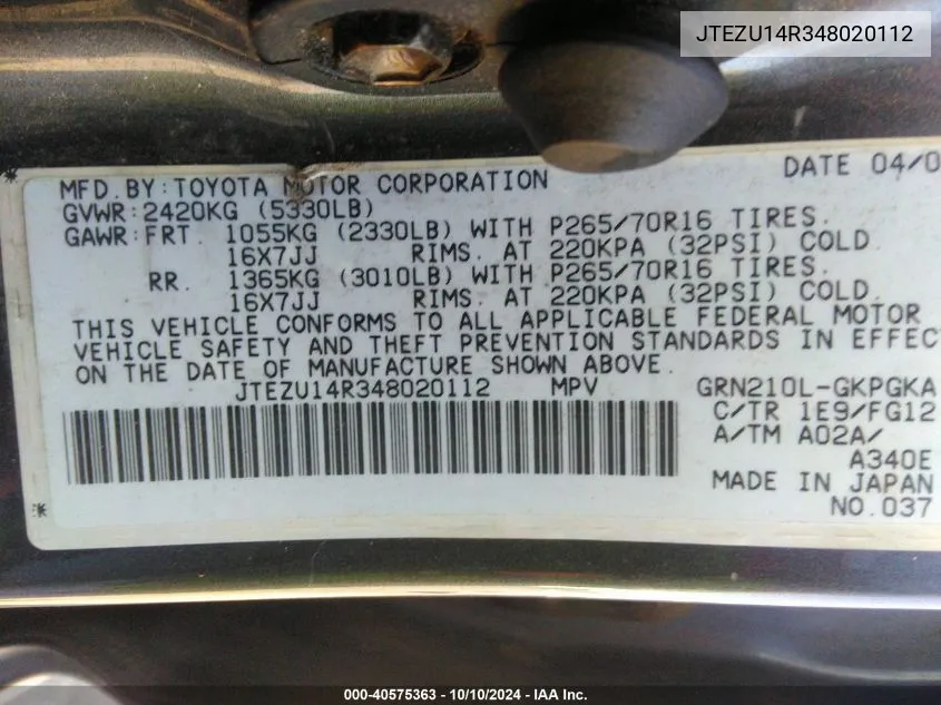 JTEZU14R348020112 2004 Toyota 4Runner Sr5 V6