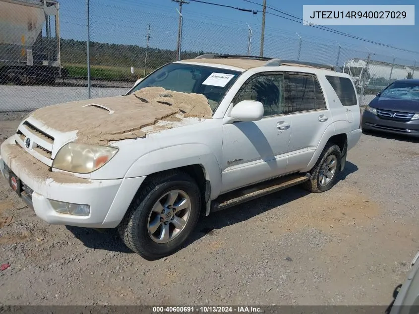 2004 Toyota 4Runner Sr5 Sport V6 VIN: JTEZU14R940027029 Lot: 40600691