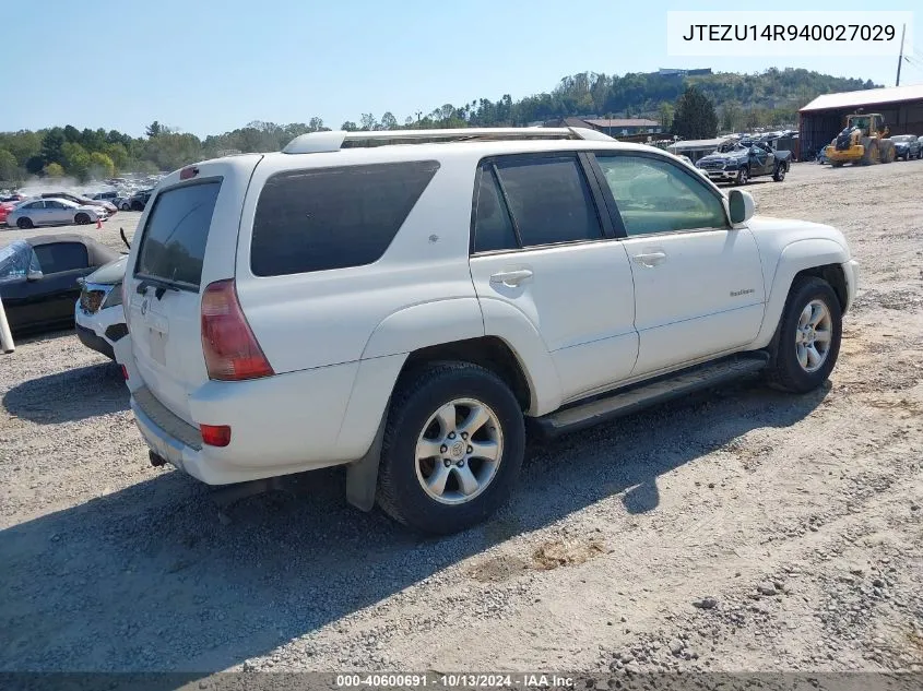 2004 Toyota 4Runner Sr5 Sport V6 VIN: JTEZU14R940027029 Lot: 40600691