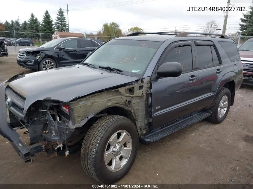 2004 Toyota 4Runner Sr5 V6 VIN: JTEZU14R840027782 Lot: 40761802