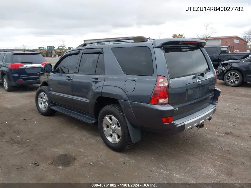 2004 Toyota 4Runner Sr5 V6 VIN: JTEZU14R840027782 Lot: 40761802