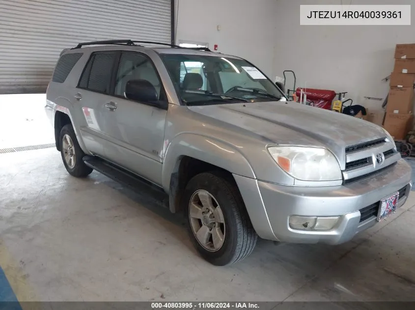 2004 Toyota 4Runner Sr5 V6 VIN: JTEZU14R040039361 Lot: 40803995