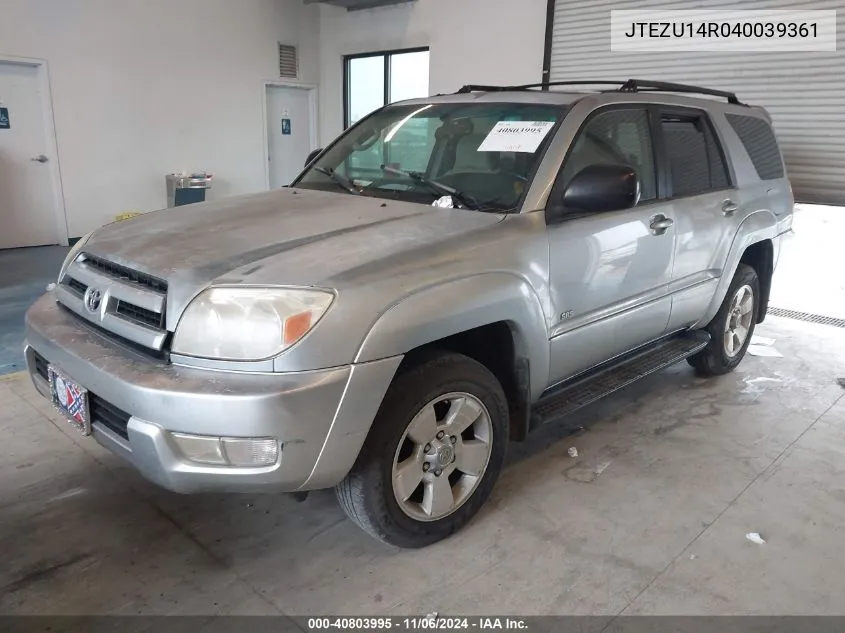 2004 Toyota 4Runner Sr5 V6 VIN: JTEZU14R040039361 Lot: 40803995