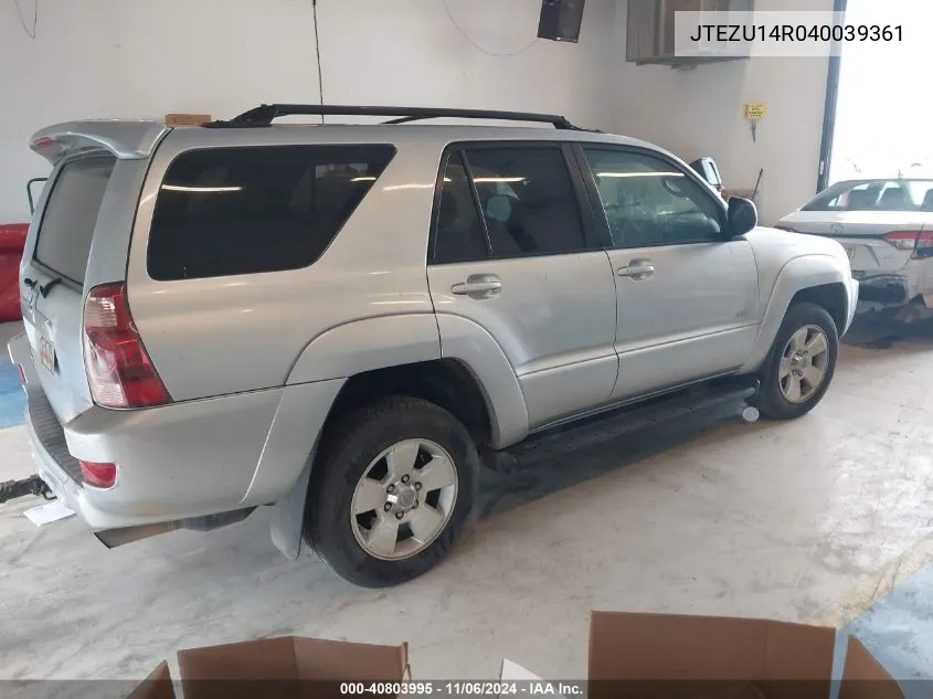 2004 Toyota 4Runner Sr5 V6 VIN: JTEZU14R040039361 Lot: 40803995