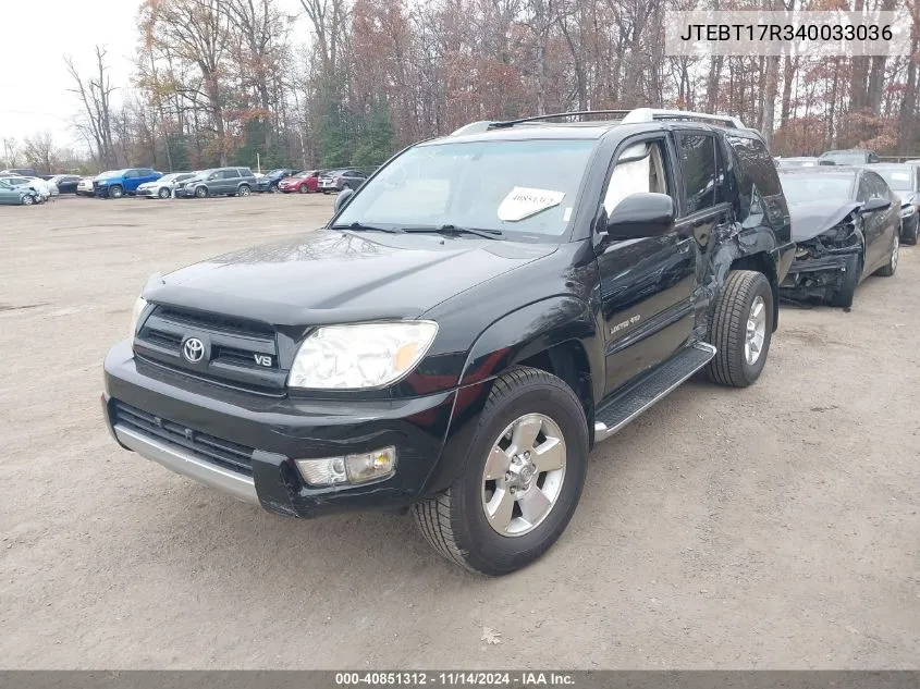 2004 Toyota 4Runner Limited V8 VIN: JTEBT17R340033036 Lot: 40851312