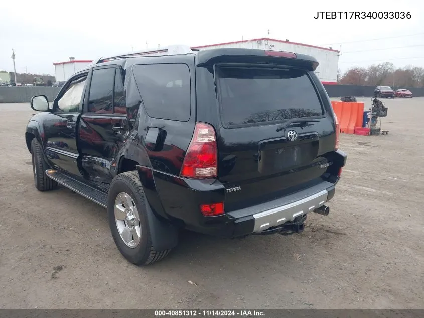 2004 Toyota 4Runner Limited V8 VIN: JTEBT17R340033036 Lot: 40851312