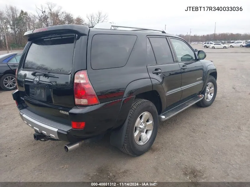 2004 Toyota 4Runner Limited V8 VIN: JTEBT17R340033036 Lot: 40851312