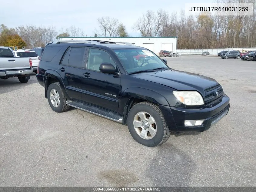 2004 Toyota 4Runner Limited V6 VIN: JTEBU17R640031259 Lot: 40866500