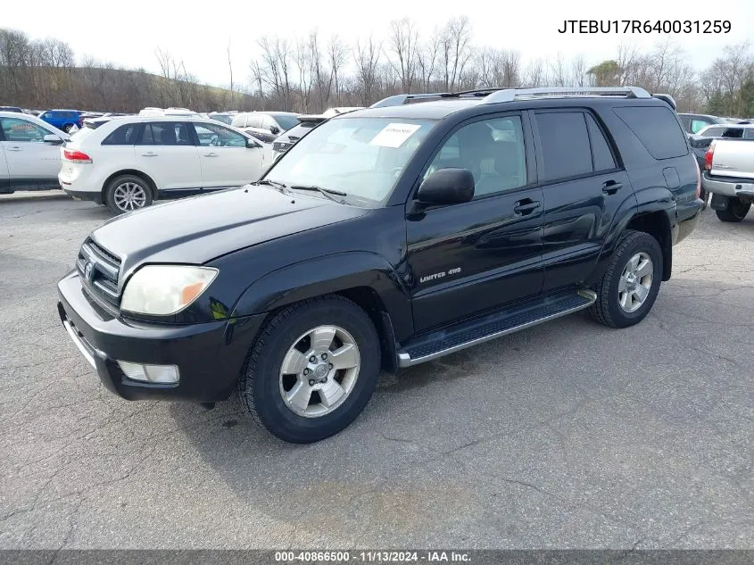 2004 Toyota 4Runner Limited V6 VIN: JTEBU17R640031259 Lot: 40866500