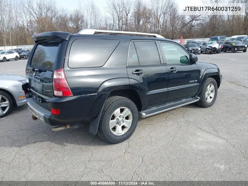 2004 Toyota 4Runner Limited V6 VIN: JTEBU17R640031259 Lot: 40866500