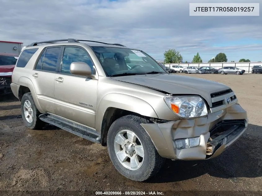 2005 Toyota 4Runner Limited V8 VIN: JTEBT17R058019257 Lot: 40209866