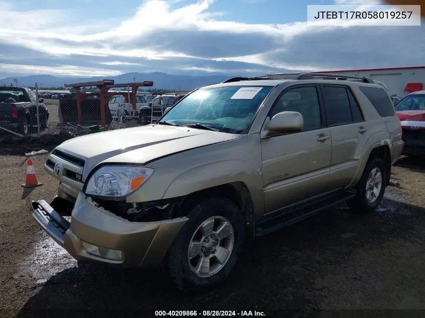 2005 Toyota 4Runner Limited V8 VIN: JTEBT17R058019257 Lot: 40209866