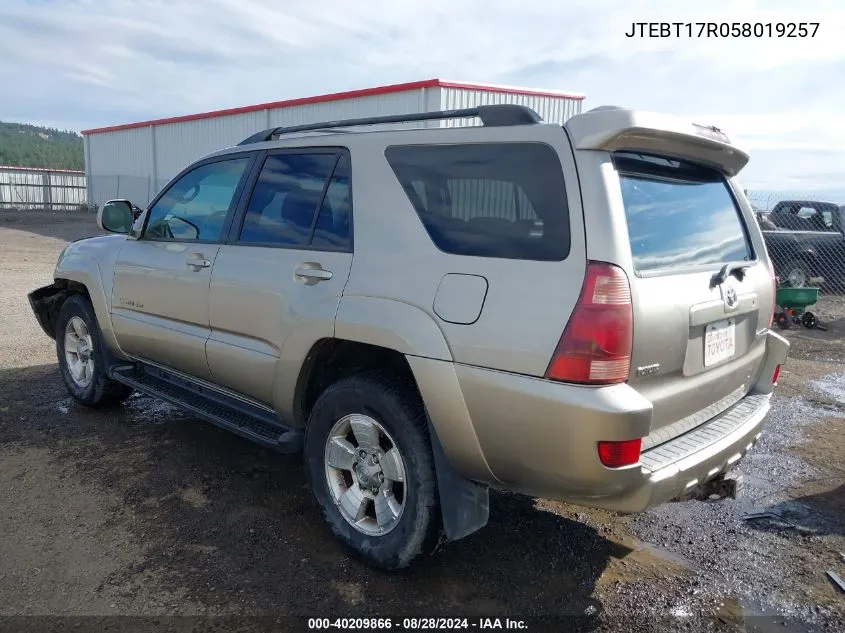 2005 Toyota 4Runner Limited V8 VIN: JTEBT17R058019257 Lot: 40209866