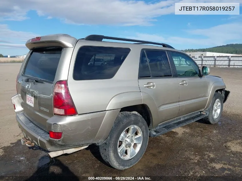 2005 Toyota 4Runner Limited V8 VIN: JTEBT17R058019257 Lot: 40209866