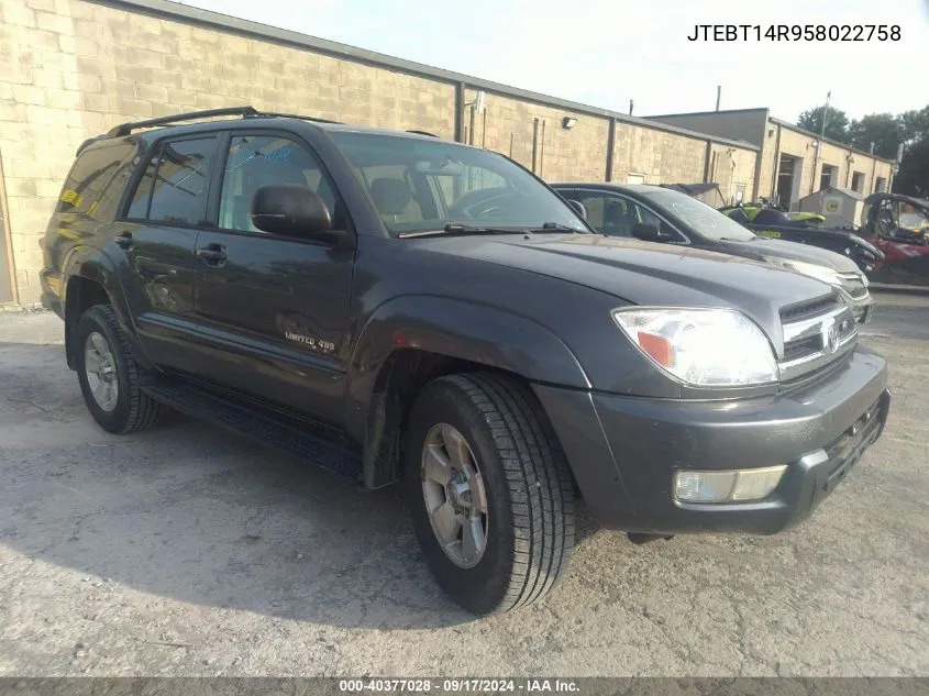 2005 Toyota 4Runner Sr5 V8 VIN: JTEBT14R958022758 Lot: 40377028