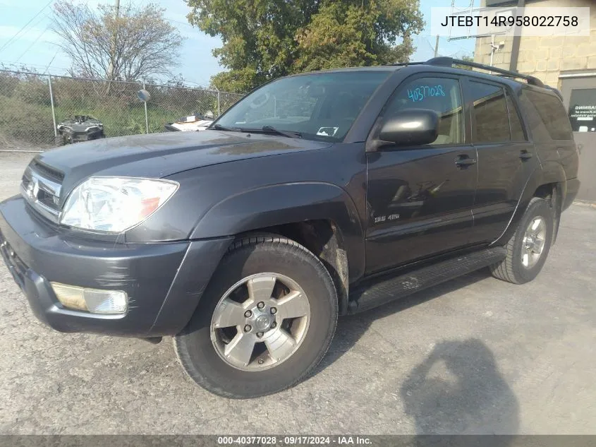 2005 Toyota 4Runner Sr5 V8 VIN: JTEBT14R958022758 Lot: 40377028