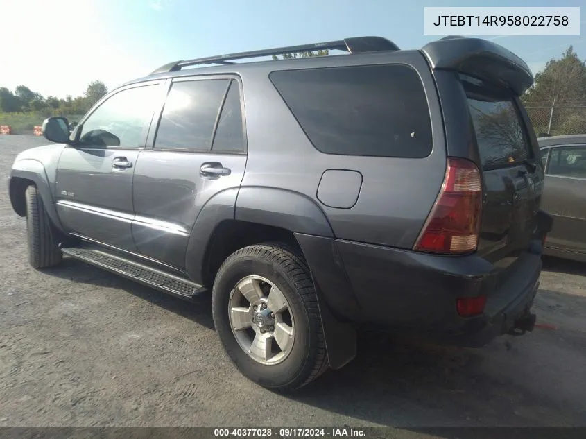 2005 Toyota 4Runner Sr5 V8 VIN: JTEBT14R958022758 Lot: 40377028