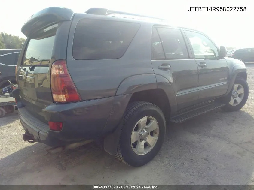 2005 Toyota 4Runner Sr5 V8 VIN: JTEBT14R958022758 Lot: 40377028