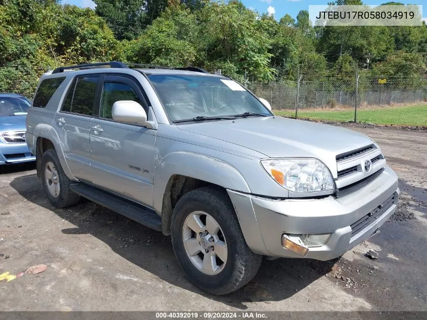 2005 Toyota 4Runner Limited V6 VIN: JTEBU17R058034919 Lot: 40392019