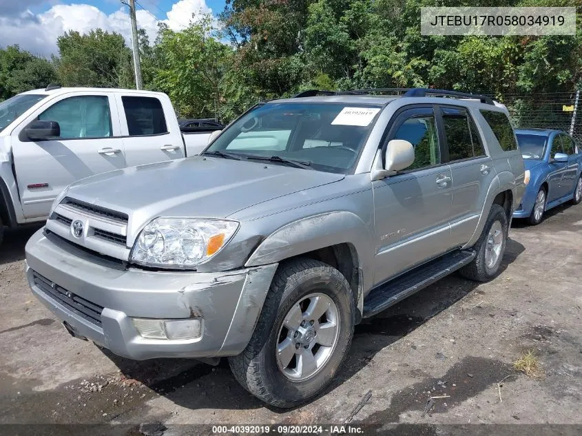 2005 Toyota 4Runner Limited V6 VIN: JTEBU17R058034919 Lot: 40392019