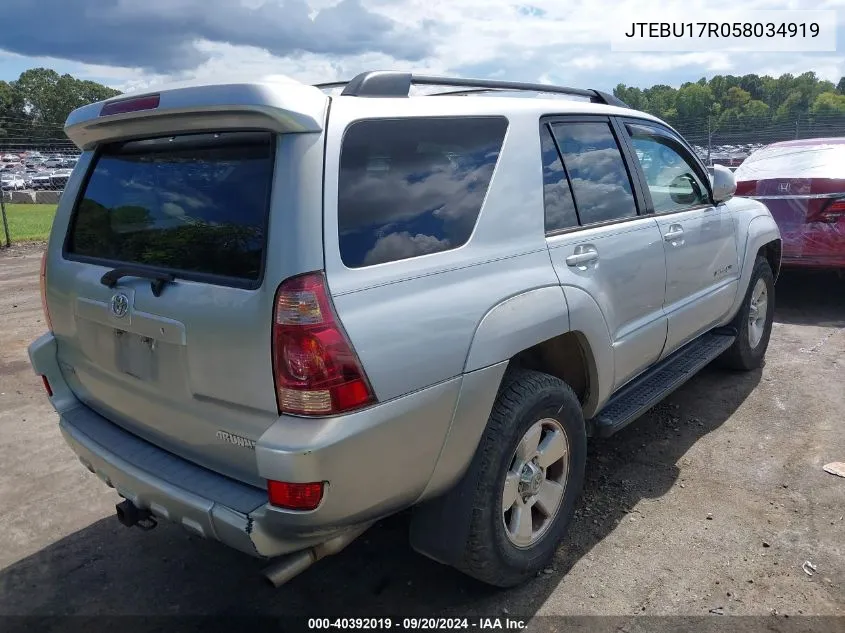 2005 Toyota 4Runner Limited V6 VIN: JTEBU17R058034919 Lot: 40392019