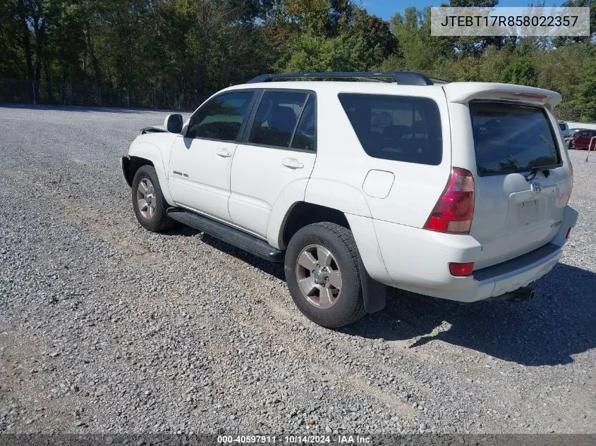 2005 Toyota 4Runner Limited V8 VIN: JTEBT17R858022357 Lot: 40597911