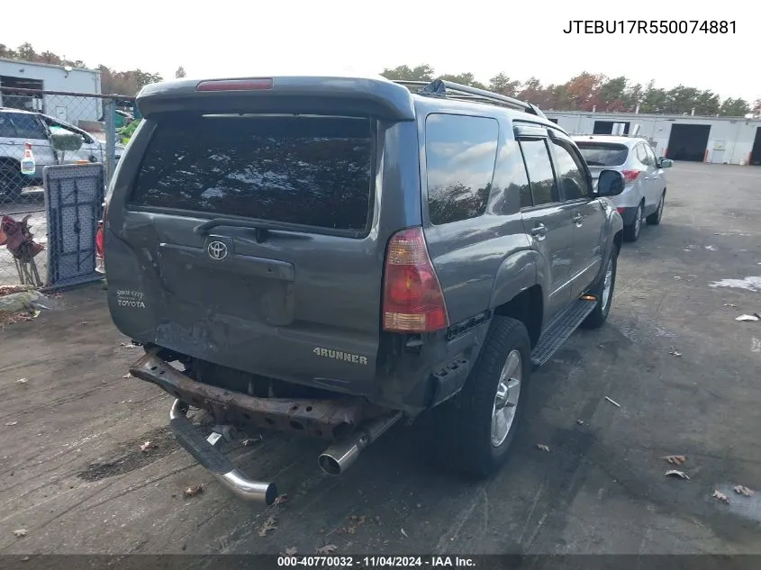 2005 Toyota 4Runner Limited V6 VIN: JTEBU17R550074881 Lot: 40770032