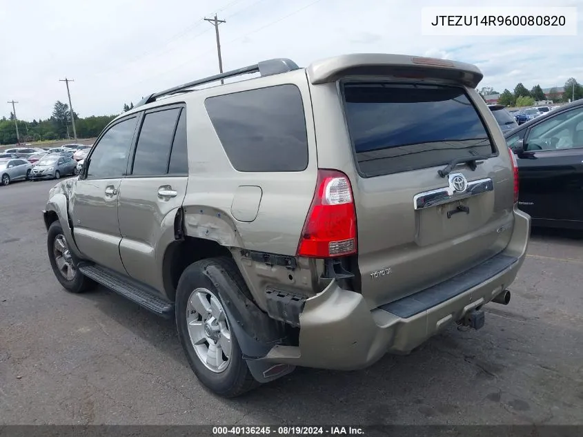 2006 Toyota 4Runner Sr5 V6 VIN: JTEZU14R960080820 Lot: 40136245