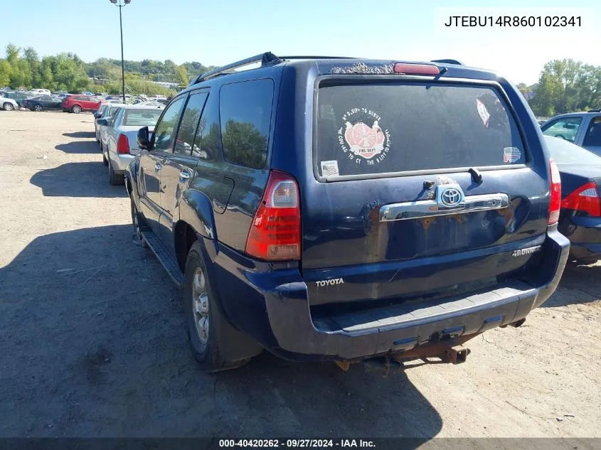 2006 Toyota 4Runner Sr5 V6 VIN: JTEBU14R860102341 Lot: 40420262