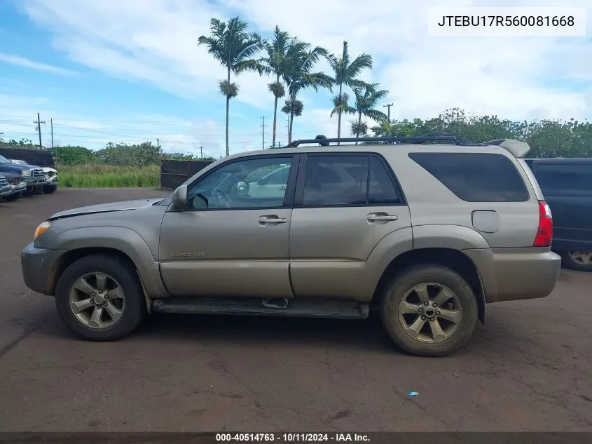 2006 Toyota 4Runner Limited V6 VIN: JTEBU17R560081668 Lot: 40514763