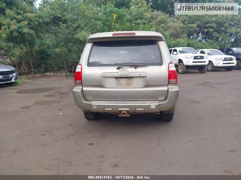 2006 Toyota 4Runner Limited V6 VIN: JTEBU17R560081668 Lot: 40514763