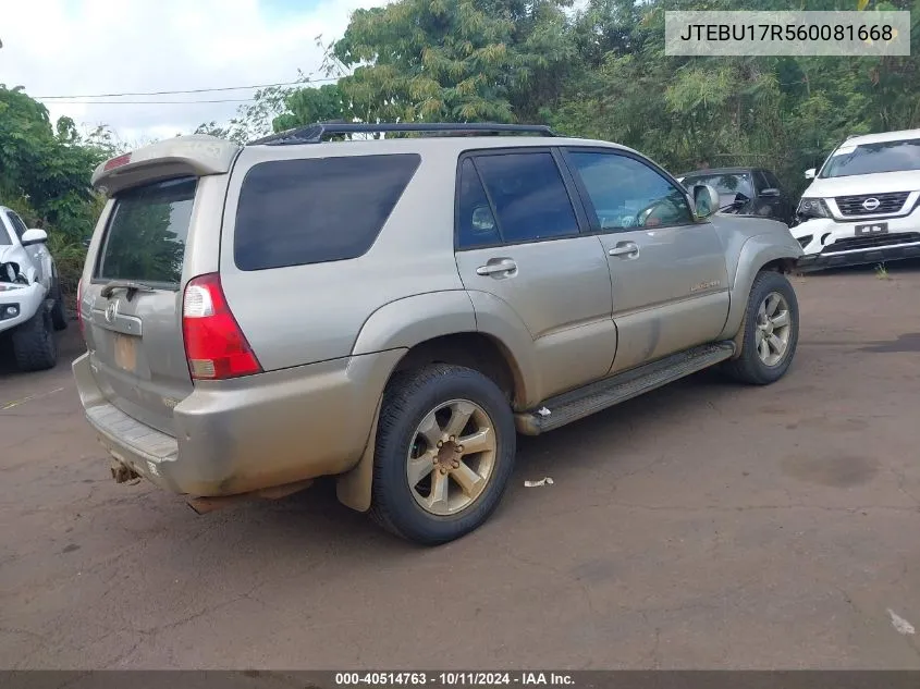 2006 Toyota 4Runner Limited V6 VIN: JTEBU17R560081668 Lot: 40514763