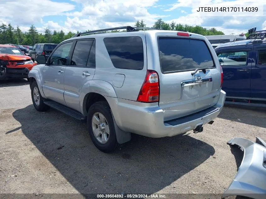 2007 Toyota 4Runner Sr5 V6 VIN: JTEBU14R170114039 Lot: 39504892