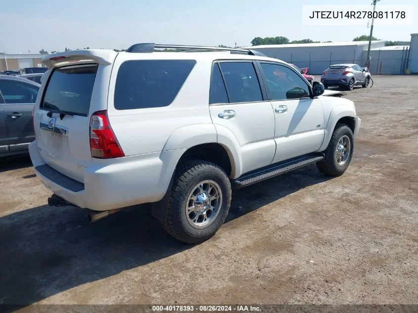 2007 Toyota 4Runner Sr5 V6 VIN: JTEZU14R278081178 Lot: 40178393