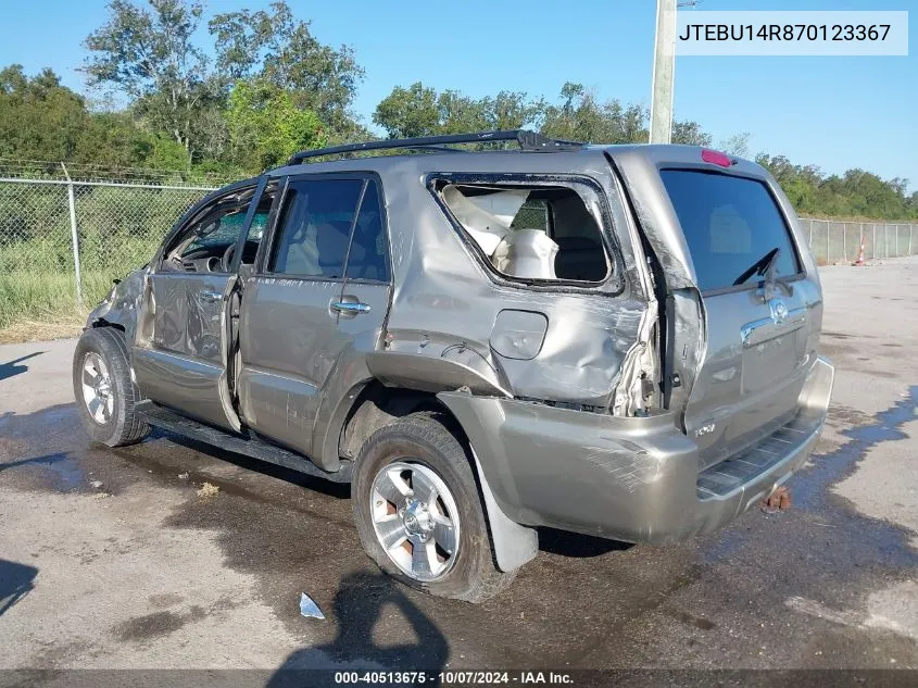 2007 Toyota 4Runner Sr5/Sport VIN: JTEBU14R870123367 Lot: 40513675