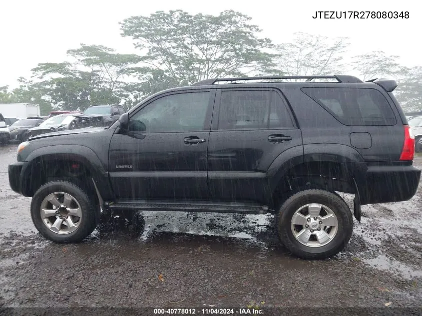 2007 Toyota 4Runner Limited V6 VIN: JTEZU17R278080348 Lot: 40778012