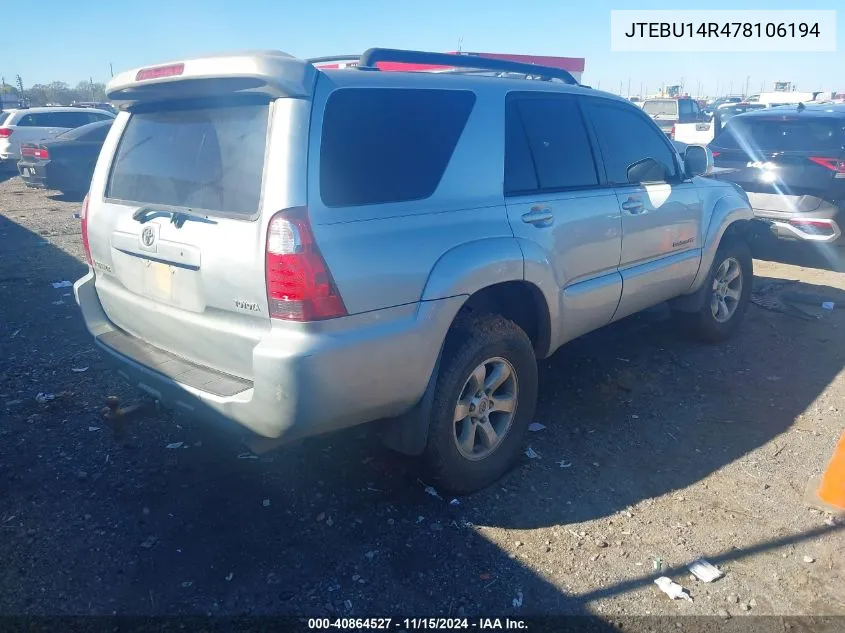 2007 Toyota 4Runner Sport V6 VIN: JTEBU14R478106194 Lot: 40864527