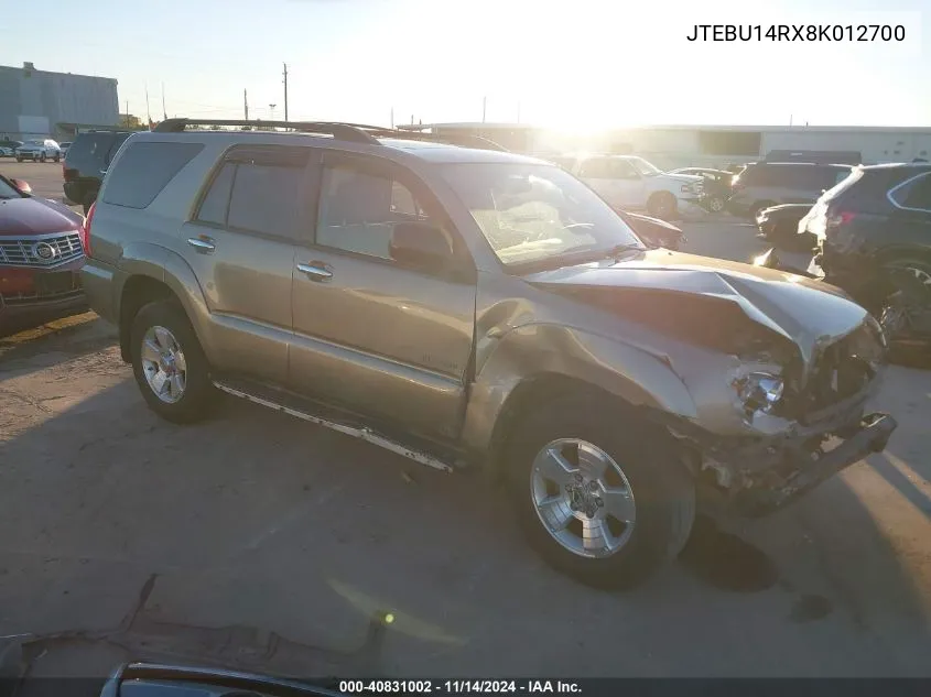 2008 Toyota 4Runner Sr5 V6 VIN: JTEBU14RX8K012700 Lot: 40831002