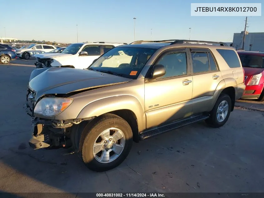 2008 Toyota 4Runner Sr5 V6 VIN: JTEBU14RX8K012700 Lot: 40831002