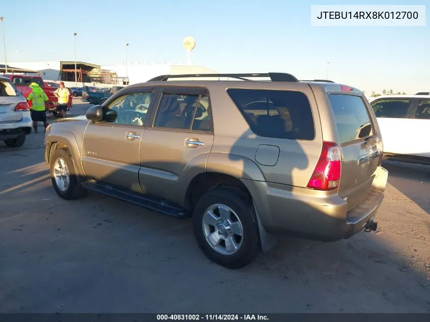 2008 Toyota 4Runner Sr5 V6 VIN: JTEBU14RX8K012700 Lot: 40831002