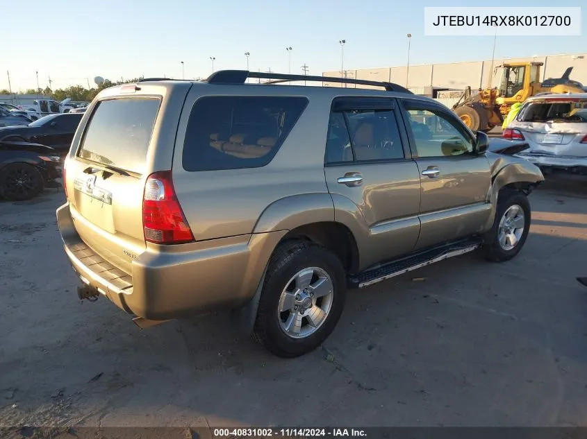 2008 Toyota 4Runner Sr5 V6 VIN: JTEBU14RX8K012700 Lot: 40831002