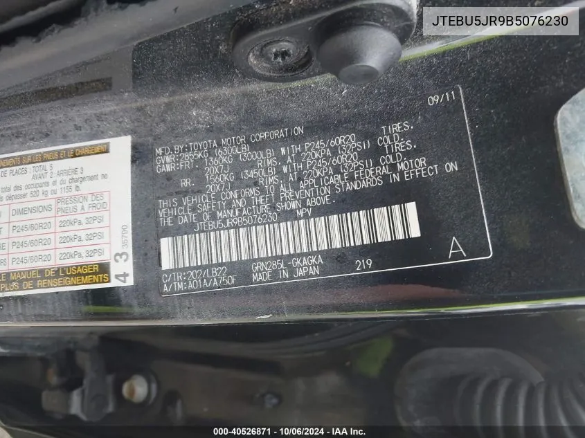 JTEBU5JR9B5076230 2011 Toyota 4Runner Sr5/Limited/Trail