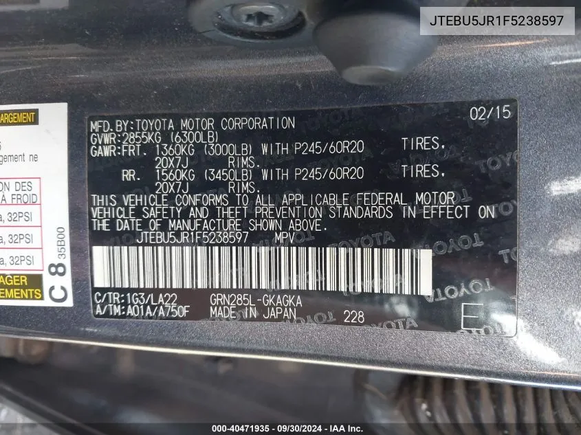 JTEBU5JR1F5238597 2015 Toyota 4Runner Limited/Sr5/Sr5 Premium/Trail/Trail Premium/Trd Pro