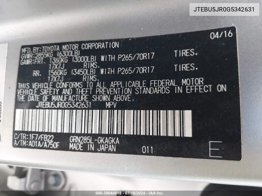 JTEBU5JR0G5342631 2016 Toyota 4Runner Sr5