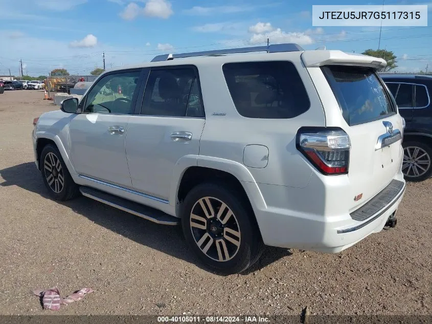 2016 Toyota 4Runner Limited VIN: JTEZU5JR7G5117315 Lot: 40105011