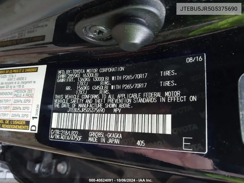 JTEBU5JR5G5375690 2016 Toyota 4Runner Sr5 Premium