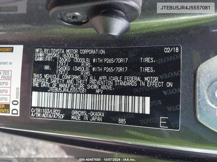 JTEBU5JR4J5557081 2018 Toyota 4Runner Sr5 Prem/Ltdl/Trail/Trd